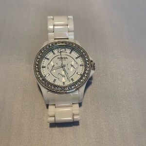 Fossil Women White Ceramic Bracelet White Glitz Analog Dial Multifunction Watch